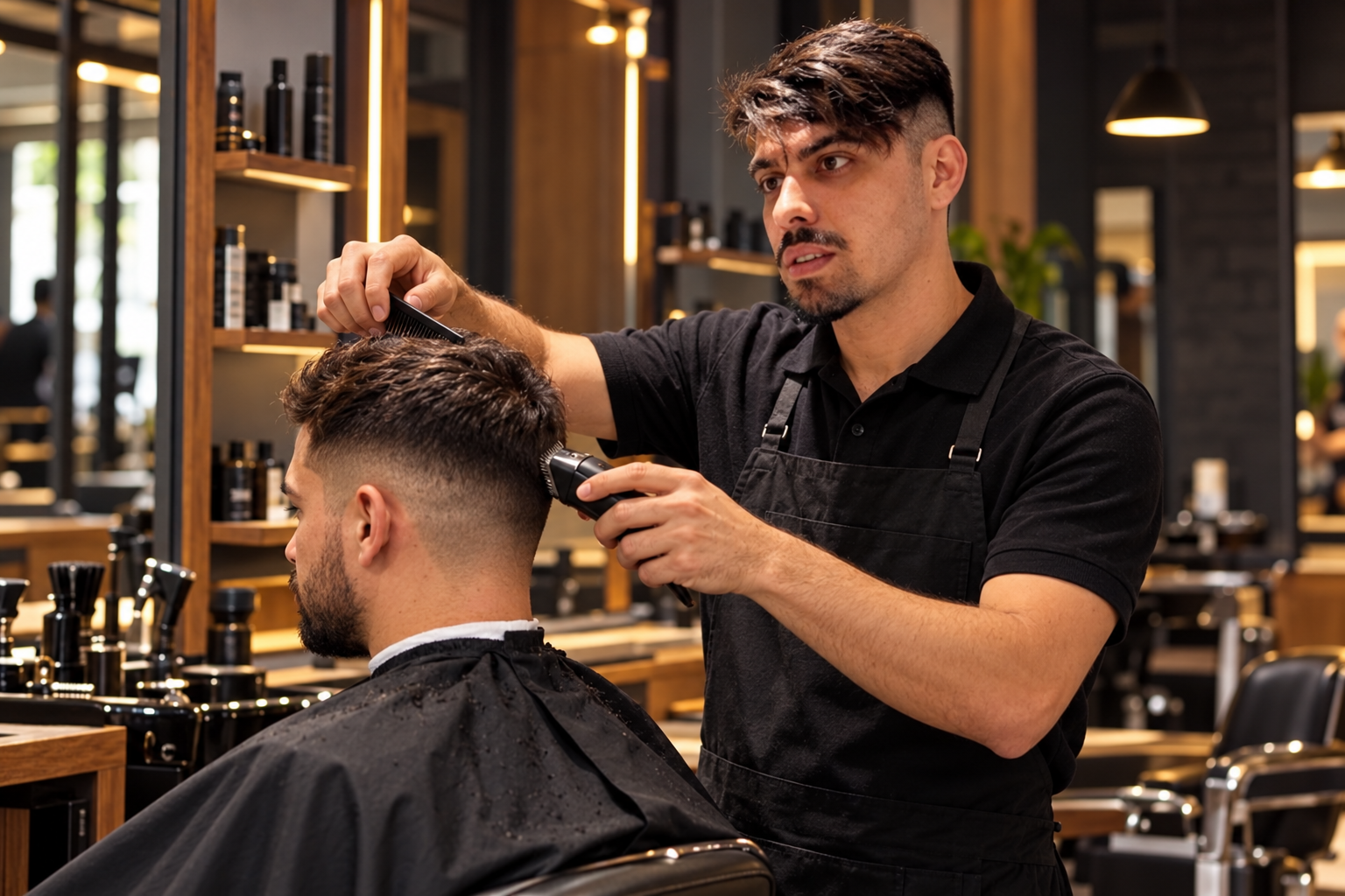 Cena promocional de Gabriel realizando um corte de cabelo